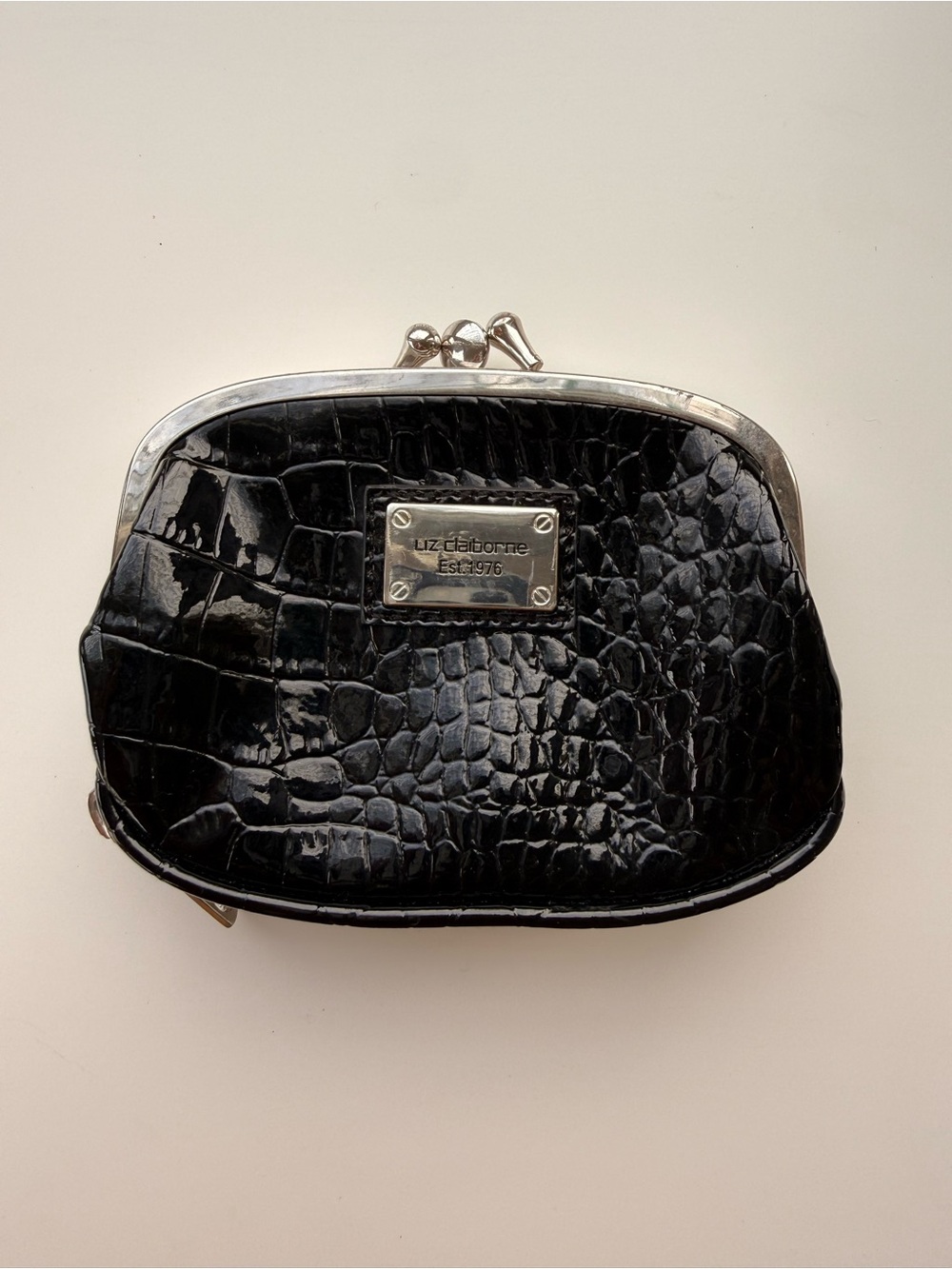Vintage Liz Claiborne Black Patent Croc Kiss Lock Pouch Duo Compartment